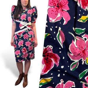 80s Vintage Navy Blue & Pink Floral Puff Sleeve Midi Dress David Mitchell Bow S